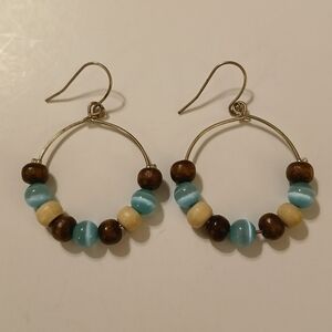 Boho Statement Multicolor Brown Blue Cream Beaded Drop Earrings - Tarnished